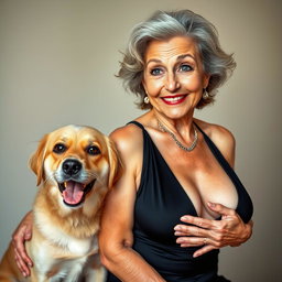 An attractive 70-year-old woman in sexy attire, proudly showcasing her ample décolletage