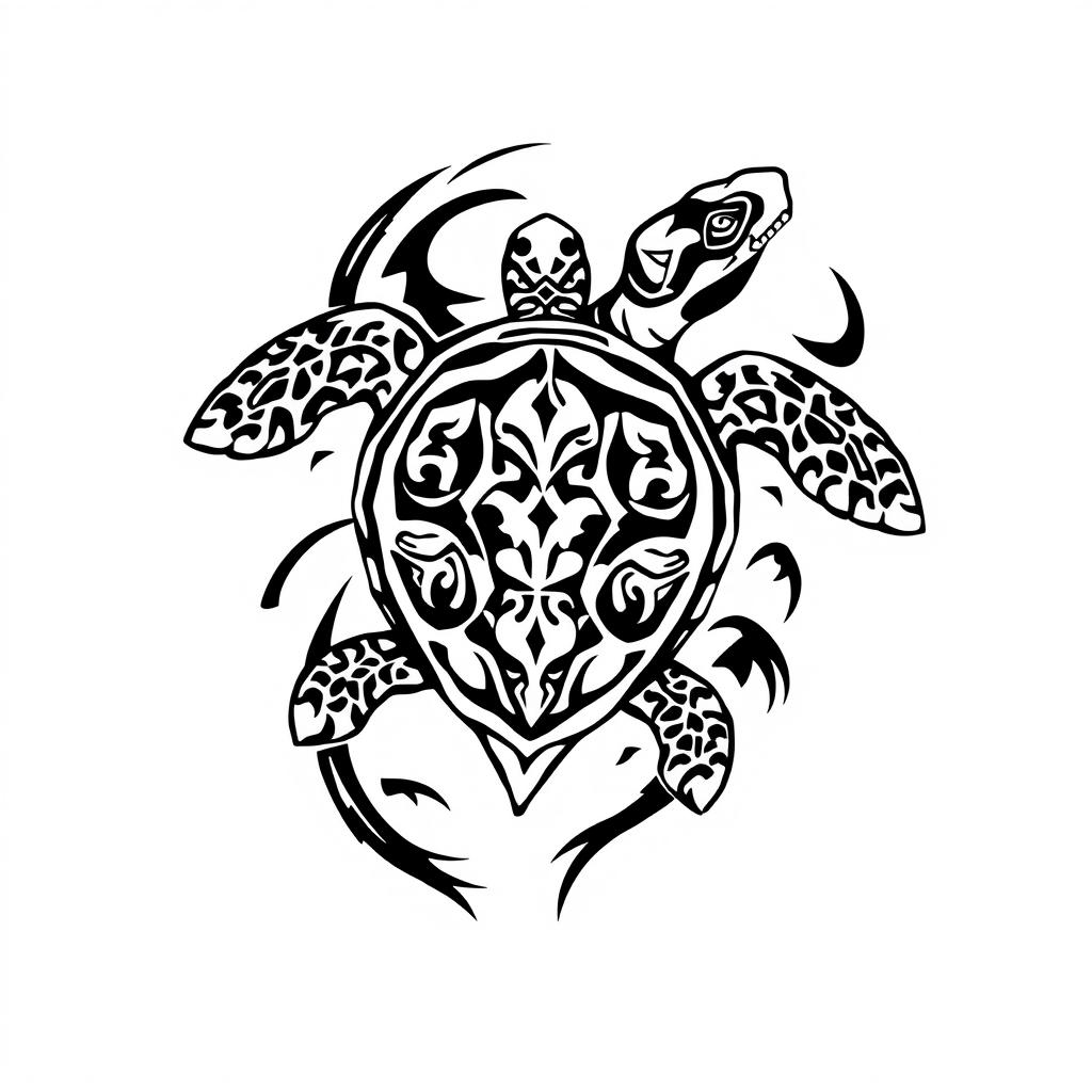 An aggressive black and white tribal tattoo design featuring a turtle, incorporating sharp lines and dynamic patterns to convey strength and movement
