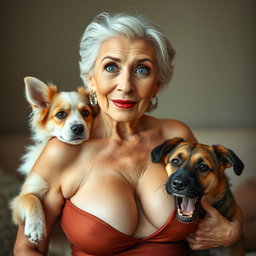 An attractive 70-year-old woman in sexy attire, confidently revealing her ample décolletage