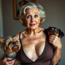 An attractive 70-year-old woman in sexy attire, confidently revealing her ample décolletage