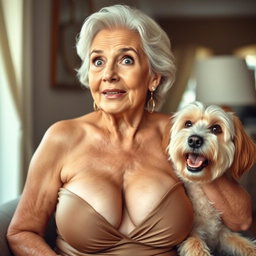 An attractive 70-year-old woman in sexy attire, confidently revealing her ample décolletage