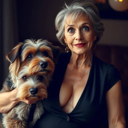 An attractive 70-year-old woman in sexy attire, confidently revealing her ample décolletage