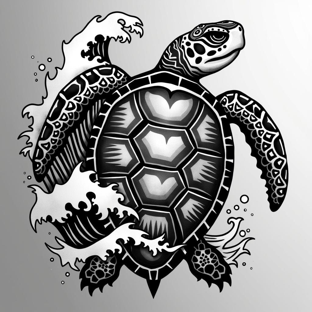 An aggressive black and white tattoo design featuring a tribal-style turtle, intricately detailed with bold patterns and sharp lines