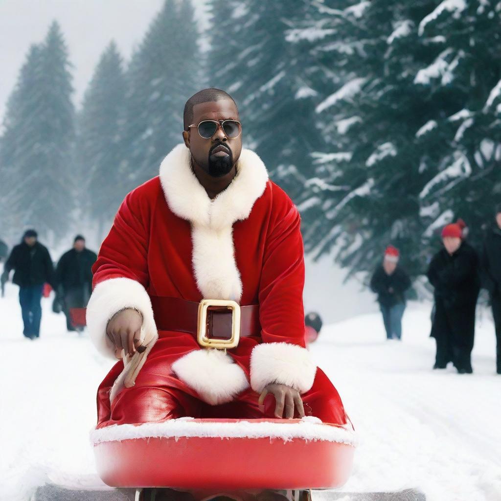 Kanye West dressed as Santa Claus, confidently standing in a sled, commanding a flurry of activity without any slaying involved.