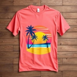 A stylish and modern T-shirt design featuring a vibrant graphic of a tropical beach scene with palm trees, golden sand, and a sunset in the background