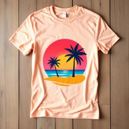 A stylish and modern T-shirt design featuring a vibrant graphic of a tropical beach scene with palm trees, golden sand, and a sunset in the background