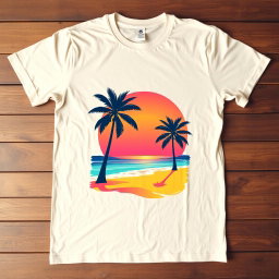 A stylish and modern T-shirt design featuring a vibrant graphic of a tropical beach scene with palm trees, golden sand, and a sunset in the background