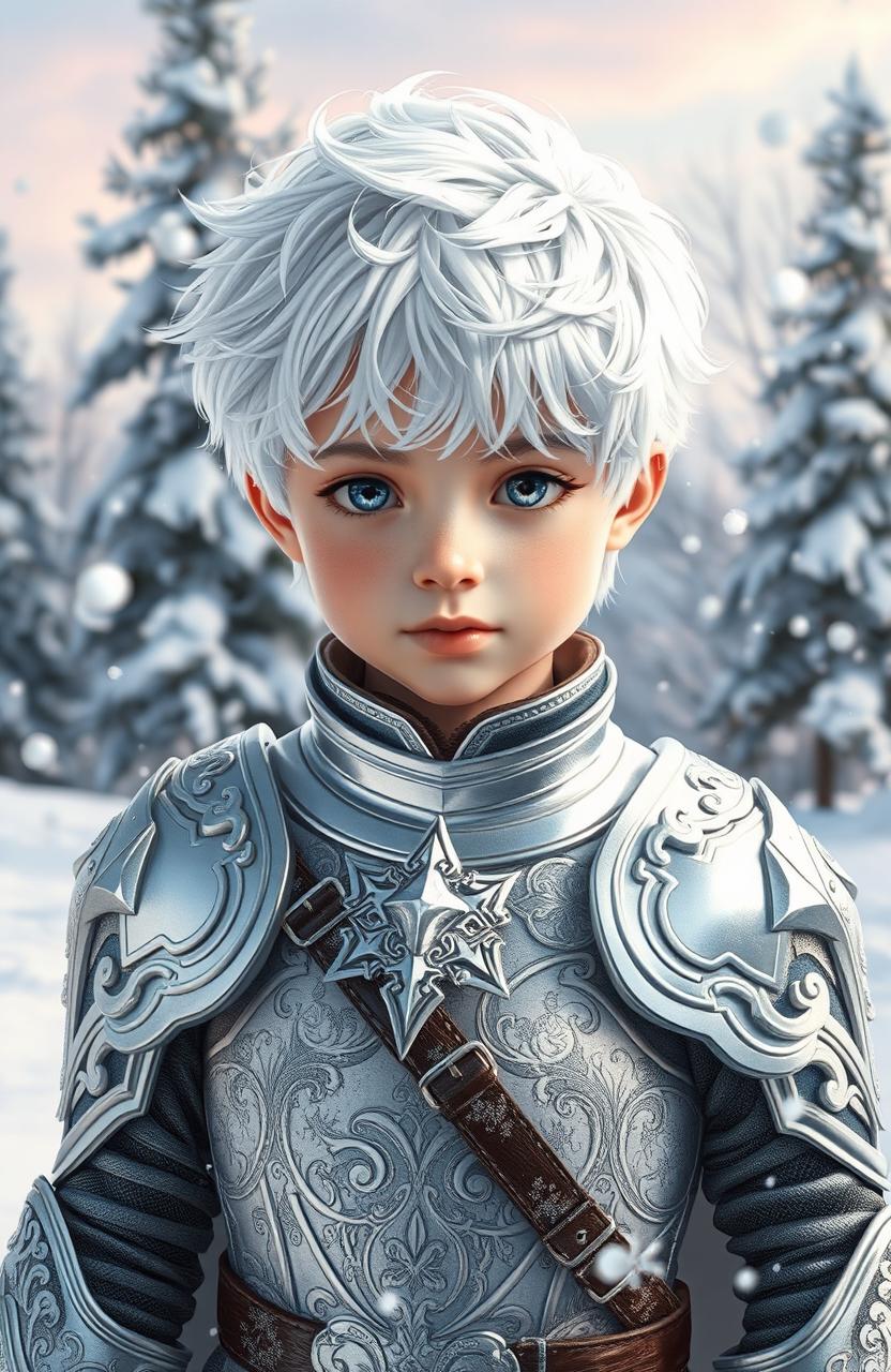 A beautiful and cute boy with striking white hair and snow-like eyes, wearing intricate silver armor that glimmers in the light