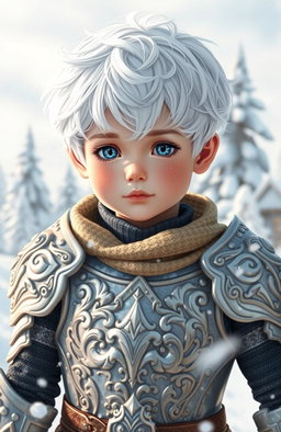 A beautiful and cute boy with striking white hair and snow-like eyes, wearing intricate silver armor that glimmers in the light