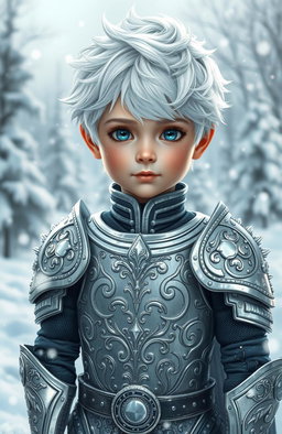 A beautiful and cute boy with striking white hair and snow-like eyes, wearing intricate silver armor that glimmers in the light