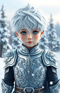 A beautiful and cute boy with striking white hair and snow-like eyes, wearing intricate silver armor that glimmers in the light