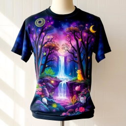 A stylish T-shirt design featuring a vibrant illustration of a mystical forest with glowing trees, whimsical creatures, and a magical waterfall