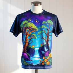 A stylish T-shirt design featuring a vibrant illustration of a mystical forest with glowing trees, whimsical creatures, and a magical waterfall