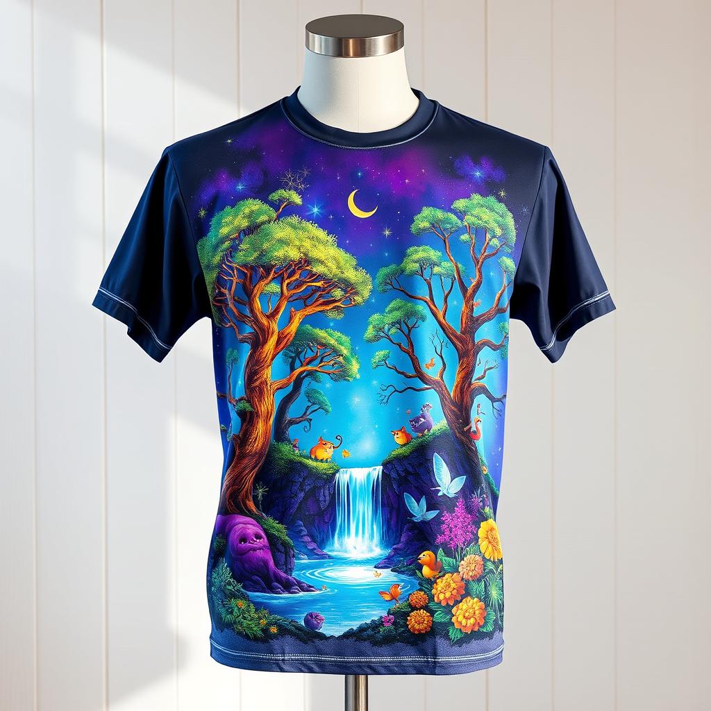 A stylish T-shirt design featuring a vibrant illustration of a mystical forest with glowing trees, whimsical creatures, and a magical waterfall