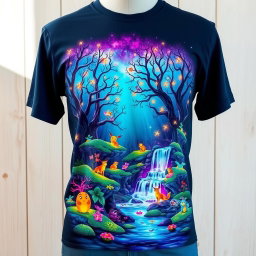 A stylish T-shirt design featuring a vibrant illustration of a mystical forest with glowing trees, whimsical creatures, and a magical waterfall