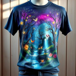 A stylish T-shirt design featuring a vibrant illustration of a mystical forest with glowing trees, whimsical creatures, and a magical waterfall