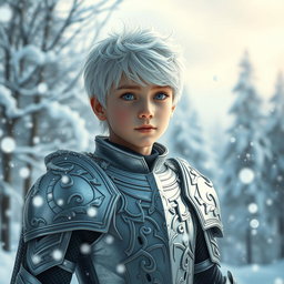 A beautiful and cute boy appearing around 17 years old, with striking white hair and snow-like eyes, wearing stylish and intricate silver armor