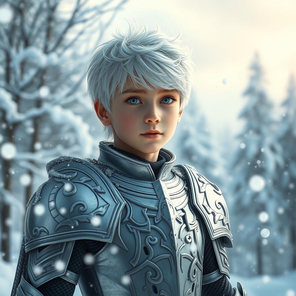 A beautiful and cute boy appearing around 17 years old, with striking white hair and snow-like eyes, wearing stylish and intricate silver armor