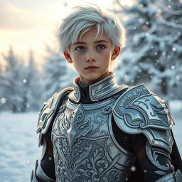 A beautiful and cute boy appearing around 17 years old, with striking white hair and snow-like eyes, wearing stylish and intricate silver armor