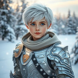 A beautiful and cute boy appearing around 17 years old, with striking white hair and snow-like eyes, wearing stylish and intricate silver armor