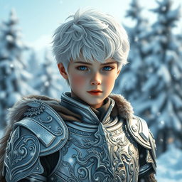 A beautiful and cute boy appearing around 17 years old, with striking white hair and snow-like eyes, wearing stylish and intricate silver armor