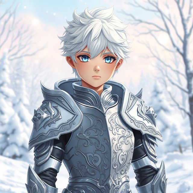 A beautiful and cute anime boy appearing around 17 years old, with striking white hair and captivating snow-like eyes, wearing intricate silver armor with fantasy elements