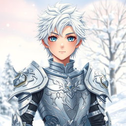 A beautiful and cute anime boy appearing around 17 years old, with striking white hair and captivating snow-like eyes, wearing intricate silver armor with fantasy elements