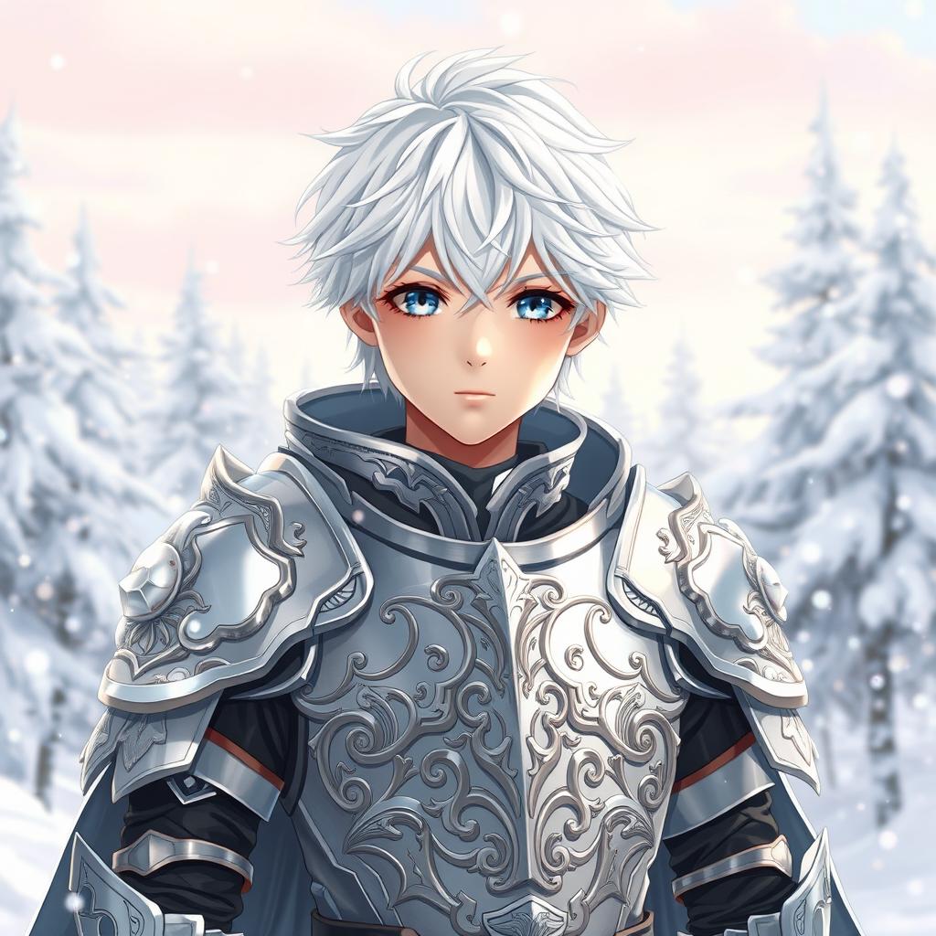 A beautiful and cute anime boy appearing around 17 years old, with striking white hair and captivating snow-like eyes, wearing intricate silver armor with fantasy elements