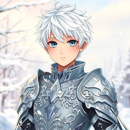 A beautiful and cute anime boy appearing around 17 years old, with striking white hair and captivating snow-like eyes, wearing intricate silver armor with fantasy elements