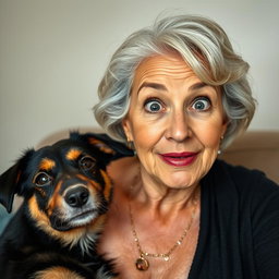 An attractive 70-year-old woman with a surprised expression, facing the camera directly