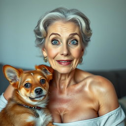An attractive 70-year-old woman with a surprised expression, facing the camera directly
