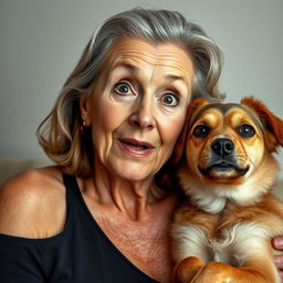 An attractive 70-year-old woman with a surprised expression, facing the camera directly