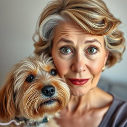 An attractive 70-year-old woman with a surprised expression, facing the camera directly