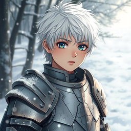 A beautiful and cute anime boy appearing around 17 years old, featuring striking white hair and captivating snow-like eyes that reflect his troubled past
