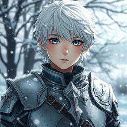 A beautiful and cute anime boy appearing around 17 years old, featuring striking white hair and captivating snow-like eyes that reflect his troubled past