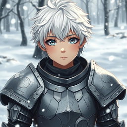 A beautiful and cute anime boy appearing around 17 years old, featuring striking white hair and captivating snow-like eyes that reflect his troubled past