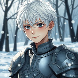 A beautiful and cute anime boy appearing around 17 years old, featuring striking white hair and captivating snow-like eyes that reflect his troubled past
