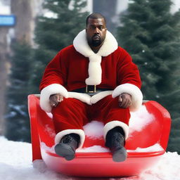 Kanye West dressed as Santa Claus, confidently standing in a sled, commanding a flurry of activity without any slaying involved.