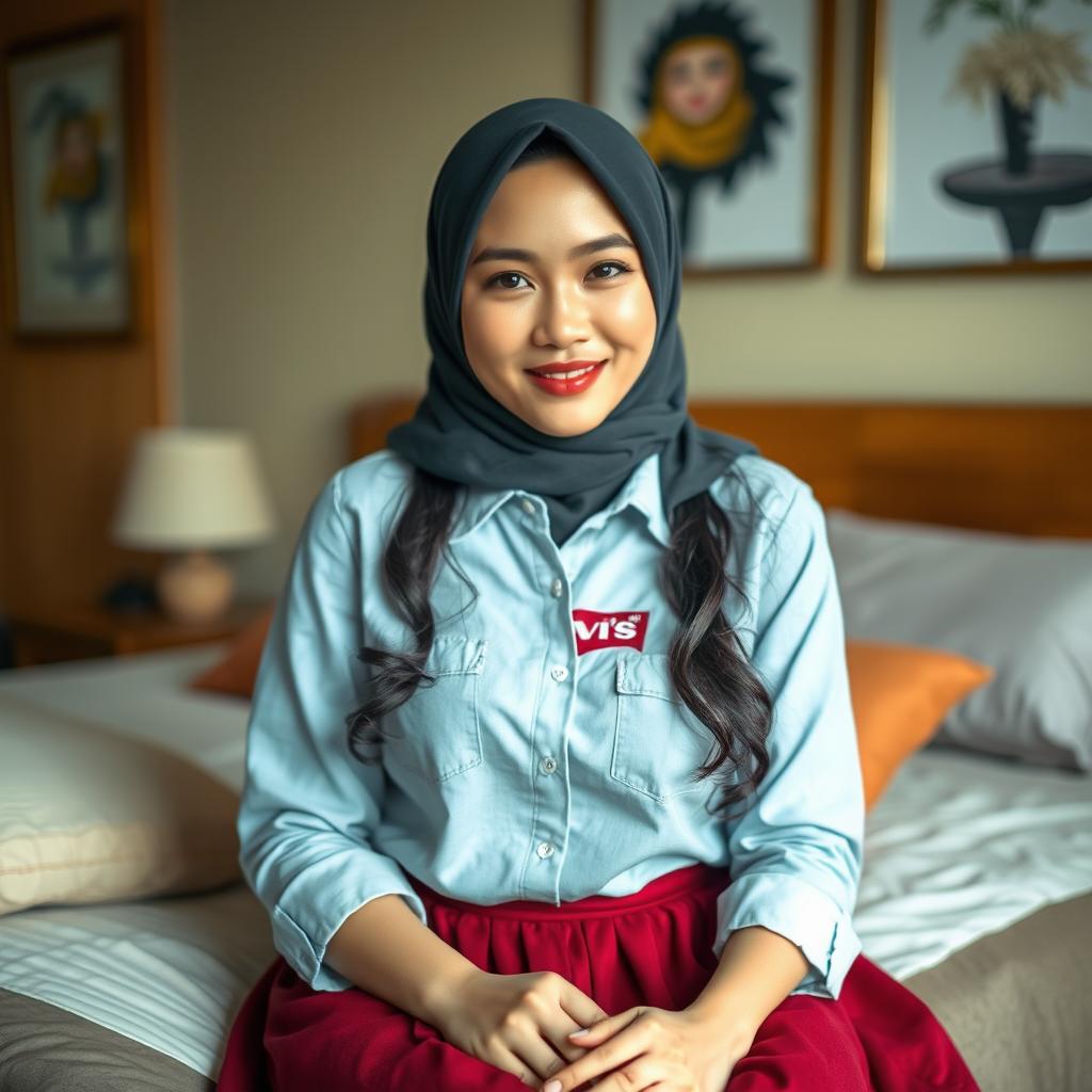 A very beautiful Indonesian woman in hijab, with a slight smile and fair skin