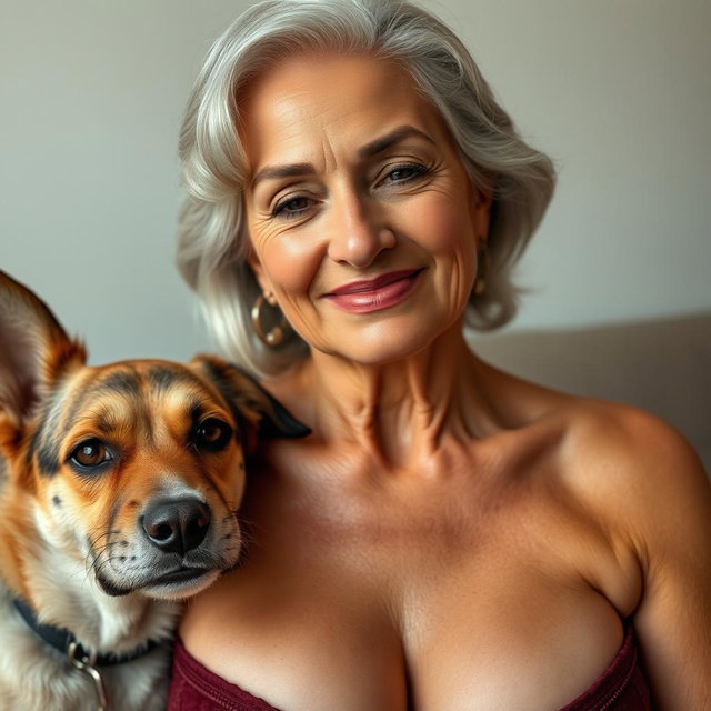 An attractive 70-year-old woman dressed in sexy attire, showcasing her ample décolletage