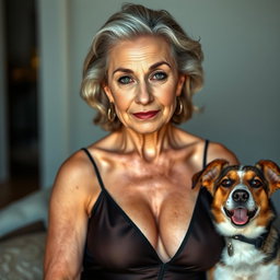 An attractive 70-year-old woman dressed in sexy attire, showcasing her ample décolletage