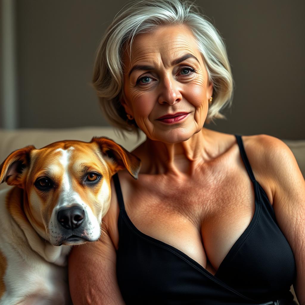 An attractive 70-year-old woman dressed in sexy attire, showcasing her ample décolletage