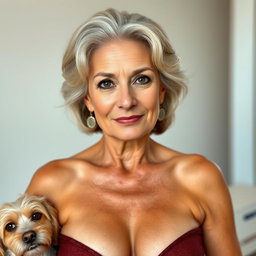 An attractive 70-year-old woman dressed in sexy attire, showcasing her ample décolletage