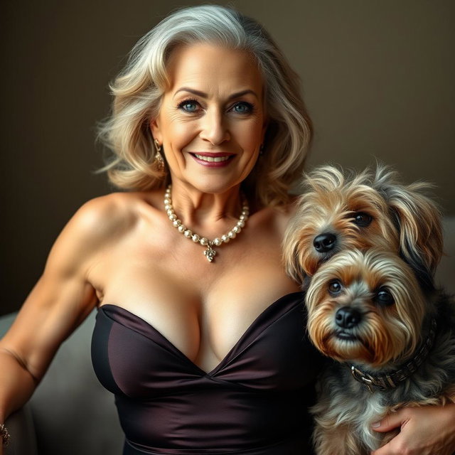 An attractive 70-year-old woman dressed in sexy attire, confidently showcasing her ample décolletage