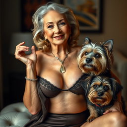 An attractive 70-year-old woman dressed in sexy attire, confidently showcasing her ample décolletage