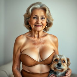 An attractive 70-year-old woman dressed in sexy attire, confidently showcasing her ample décolletage