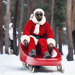 Kanye West dressed as Santa Claus, confidently standing in a sled, commanding a flurry of activity without any slaying involved.