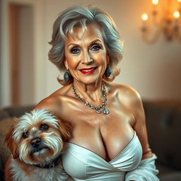 An attractive 70-year-old woman dressed in sexy attire, confidently showcasing her ample décolletage