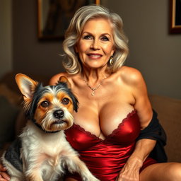 An attractive 70-year-old woman dressed in sexy attire, confidently showcasing her ample décolletage