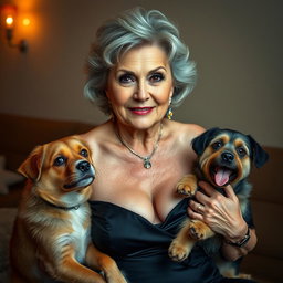 An attractive 70-year-old woman dressed in sexy attire, confidently showcasing her ample décolletage